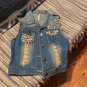 Faux Pearl and Rhinestone Distressed Jean Vest